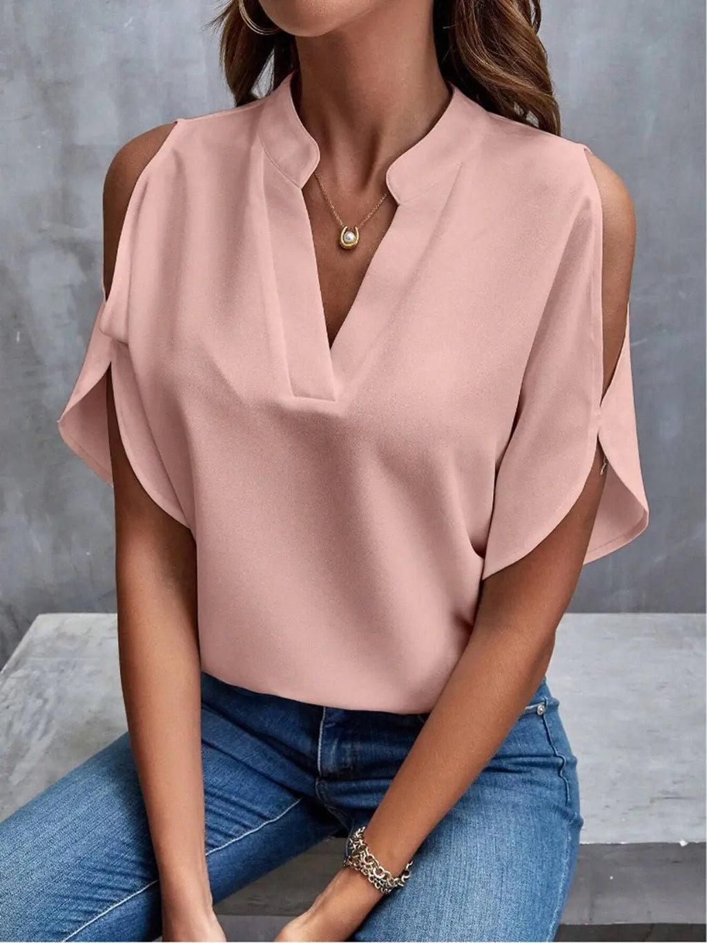 Notched Cold Shoulder Half Sleeve Blouse - GlossiChic CollectionShirts & Tops