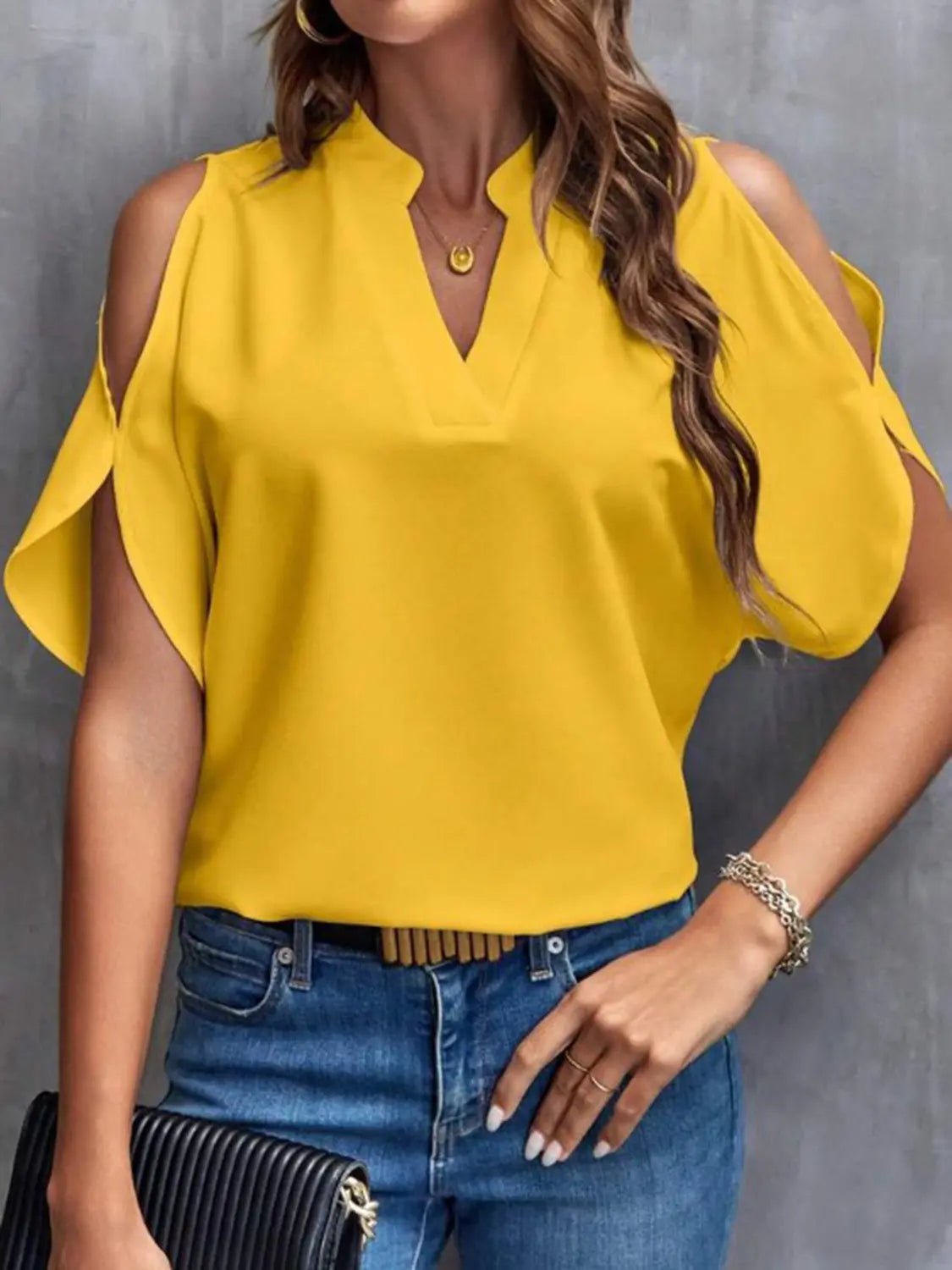 Notched Cold Shoulder Half Sleeve Blouse - GlossiChic CollectionShirts & Tops