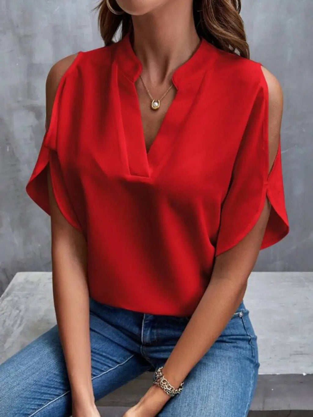 Notched Cold Shoulder Half Sleeve Blouse - GlossiChic CollectionShirts & Tops