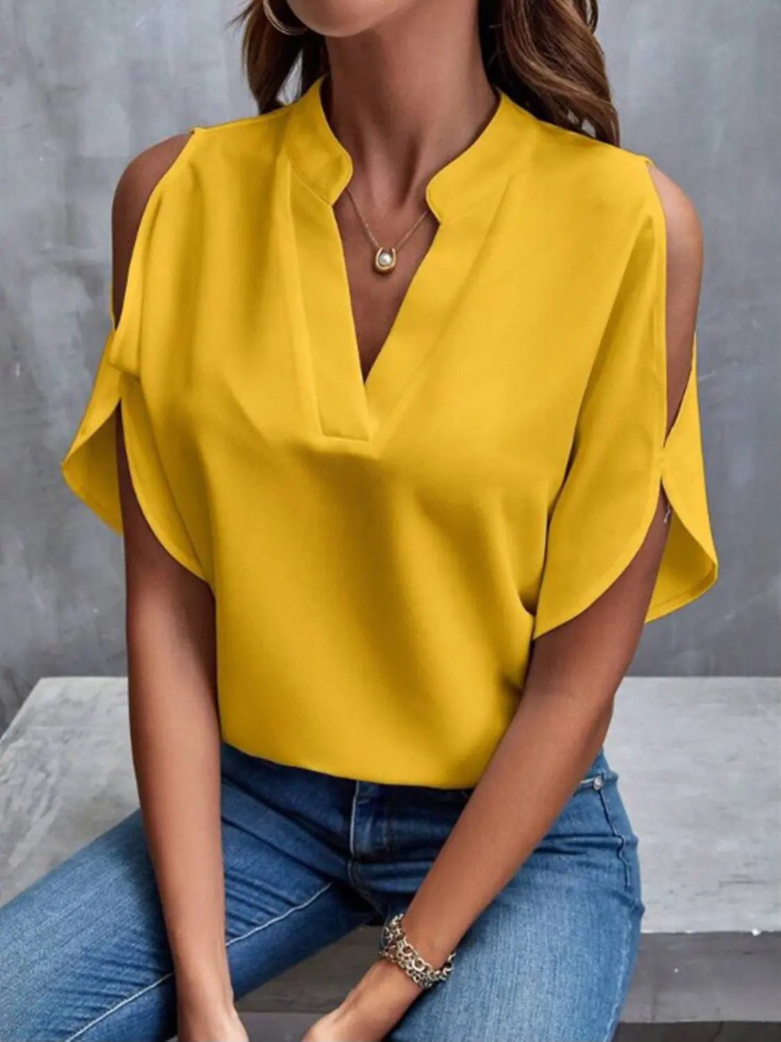 Notched Cold Shoulder Half Sleeve Blouse - GlossiChic CollectionShirts & Tops