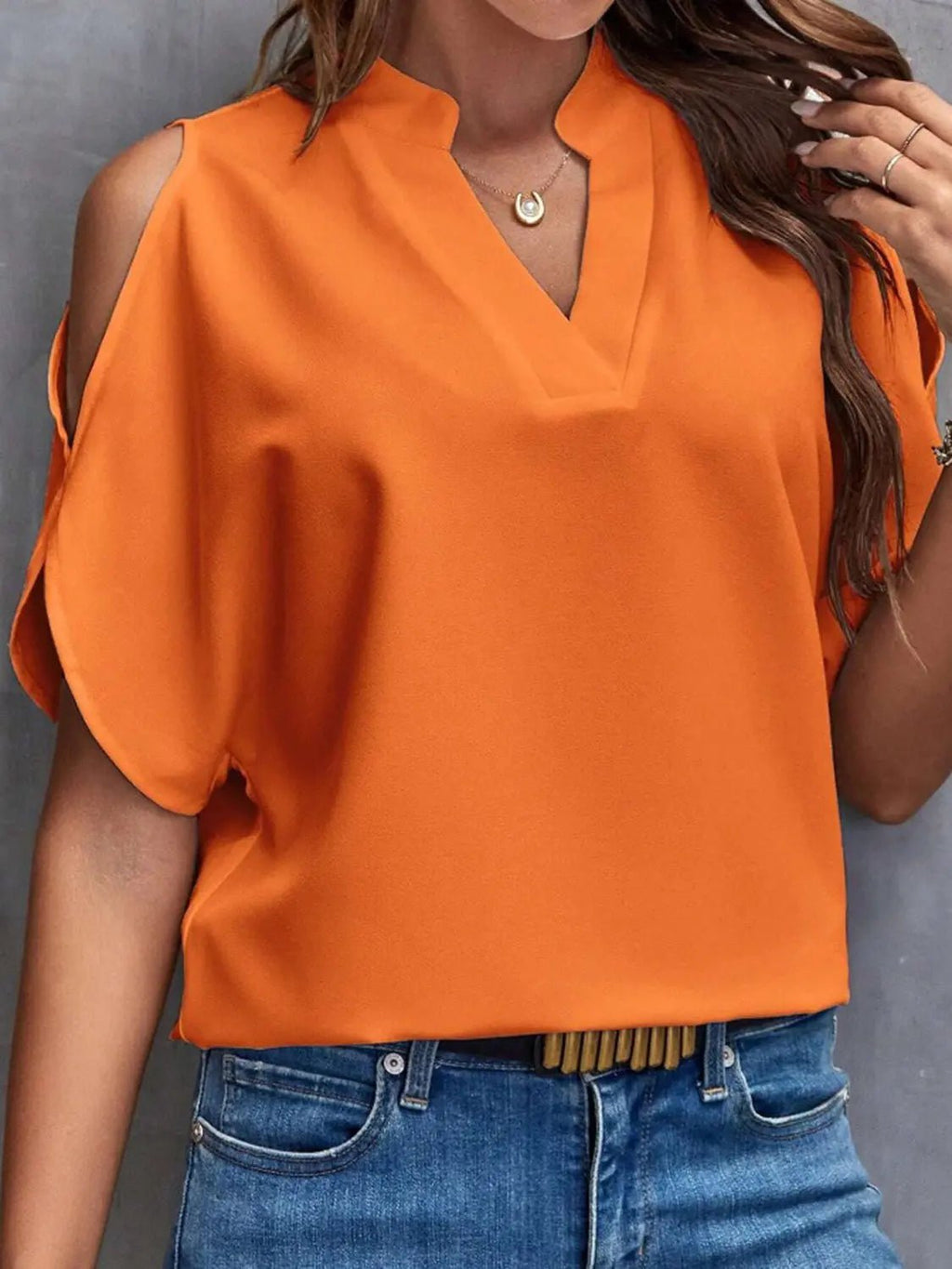 Notched Cold Shoulder Half Sleeve Blouse - GlossiChic CollectionShirts & Tops