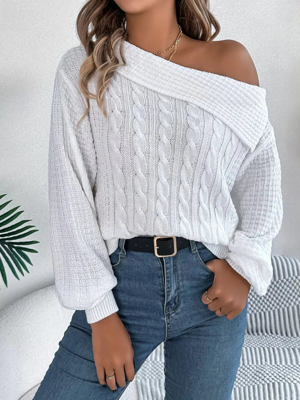 Off - Shoulder Cable Knit Sweater - GlossiChic CollectionSweaters
