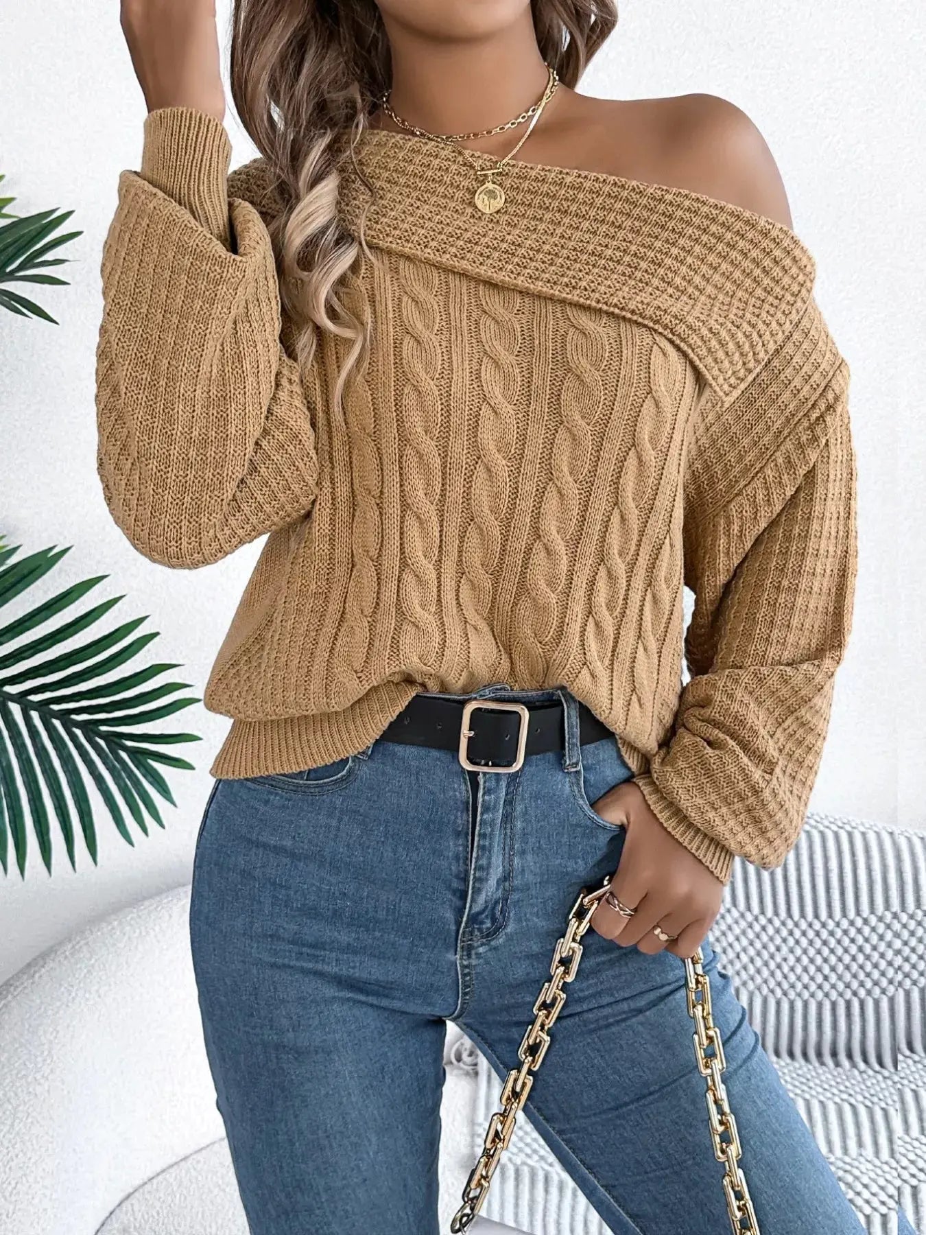 Off - Shoulder Cable Knit Sweater - GlossiChic CollectionSweaters