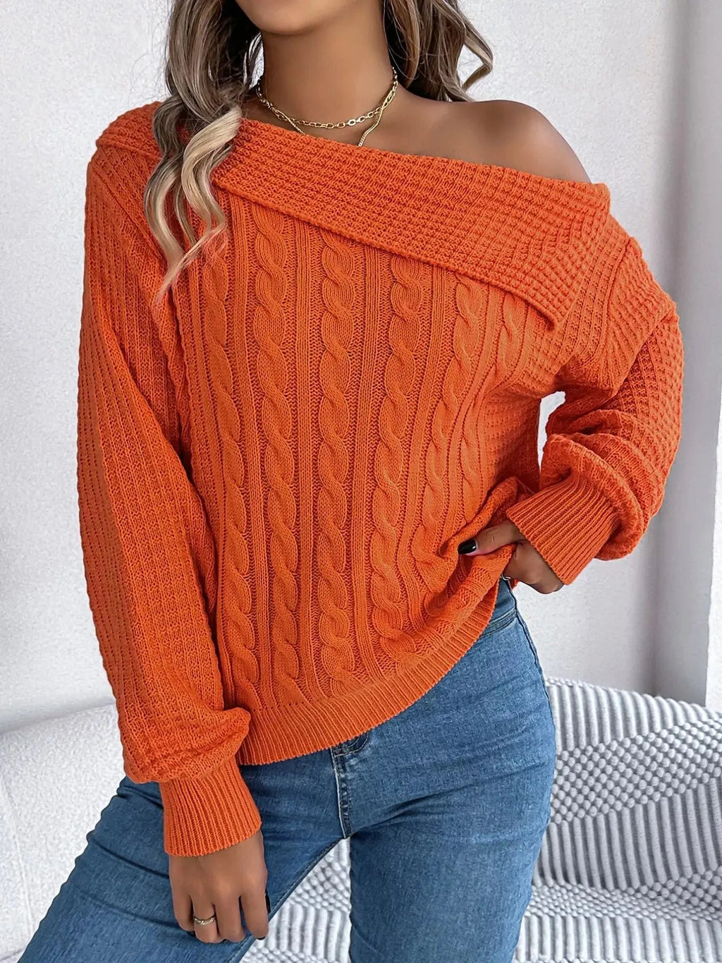 Off - Shoulder Cable Knit Sweater - GlossiChic CollectionSweaters