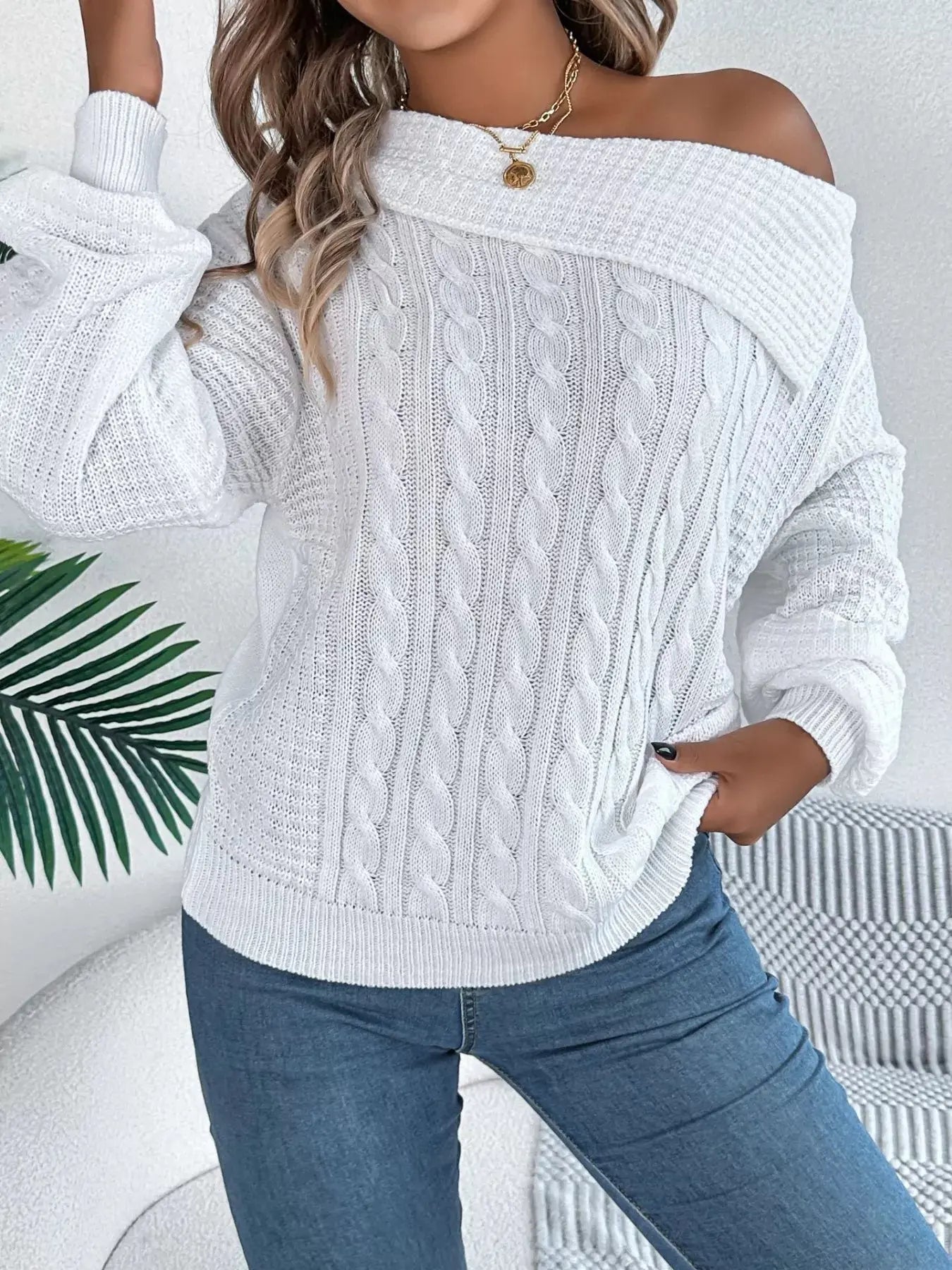 Off - Shoulder Cable Knit Sweater - GlossiChic CollectionSweaters