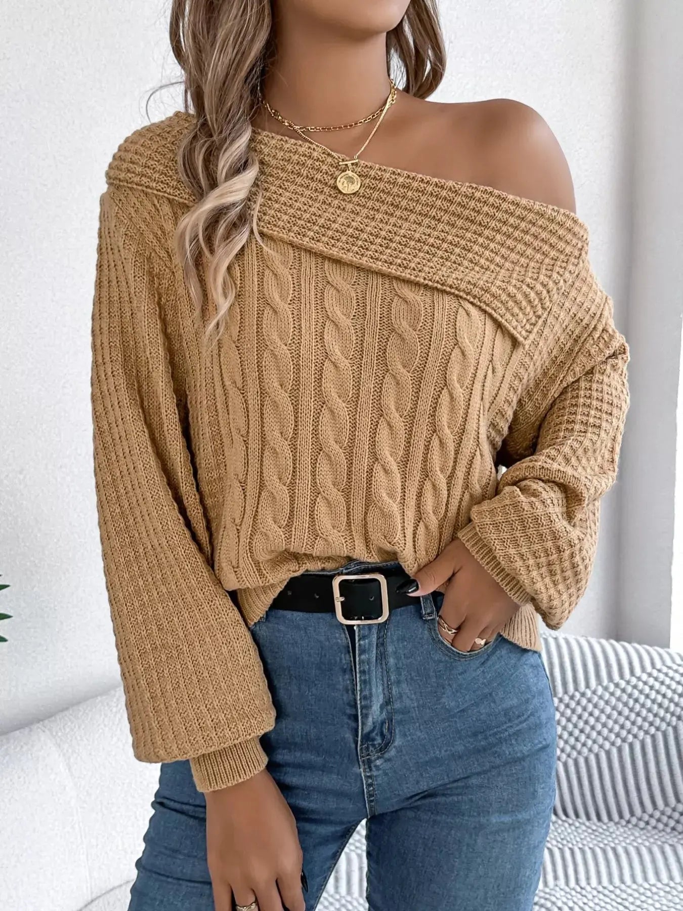 Off - Shoulder Cable Knit Sweater - GlossiChic CollectionSweaters