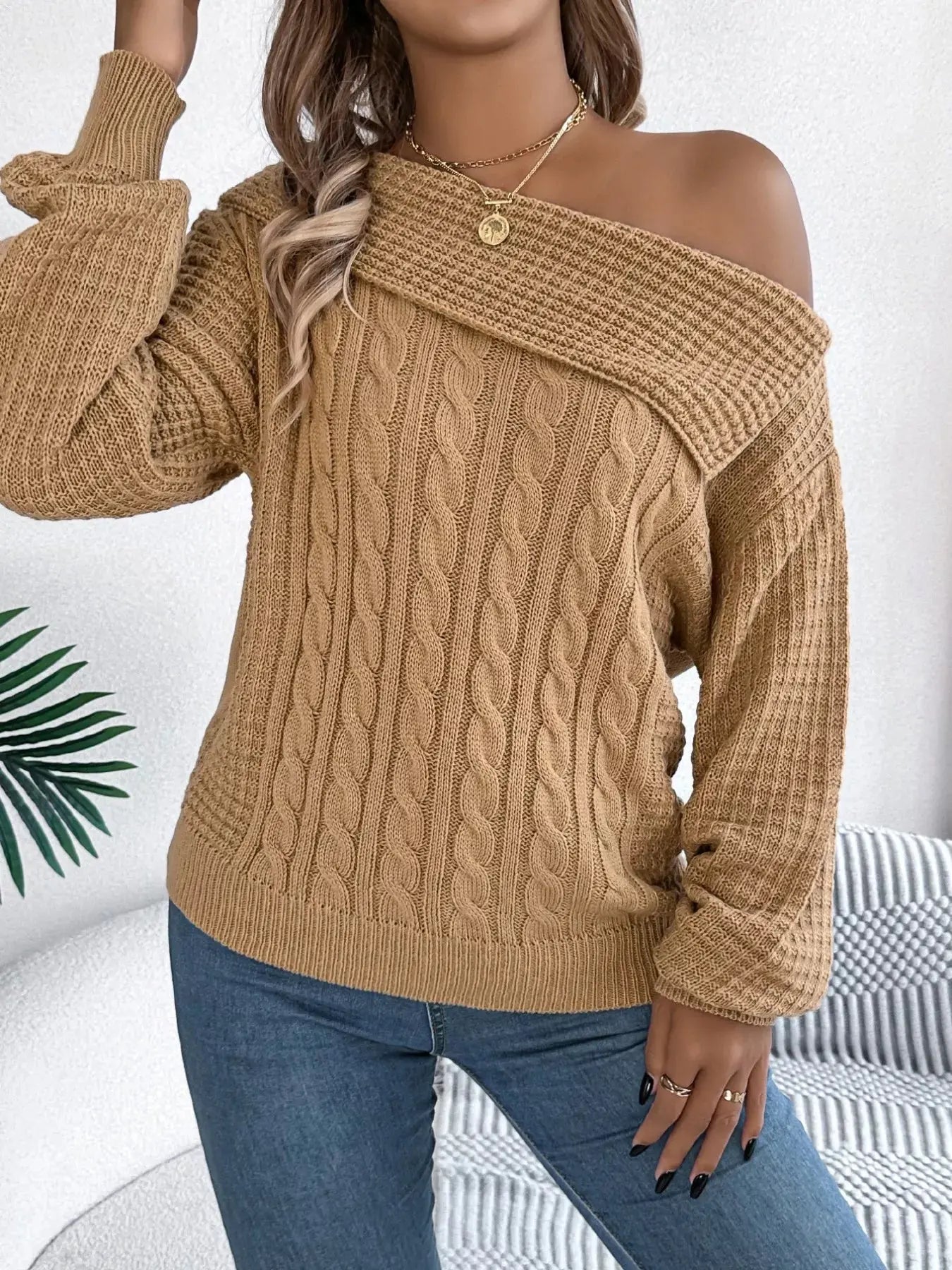 Off - Shoulder Cable Knit Sweater - GlossiChic CollectionSweaters