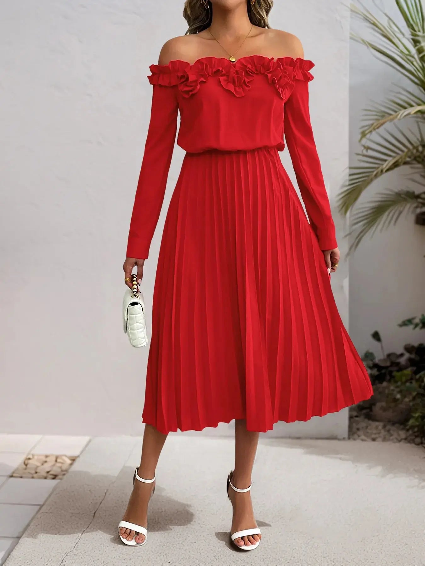 Off-Shoulder Ruffle Pleated Midi Dress - GlossiChic Collection Red / S GlossiChic Collection Dresses