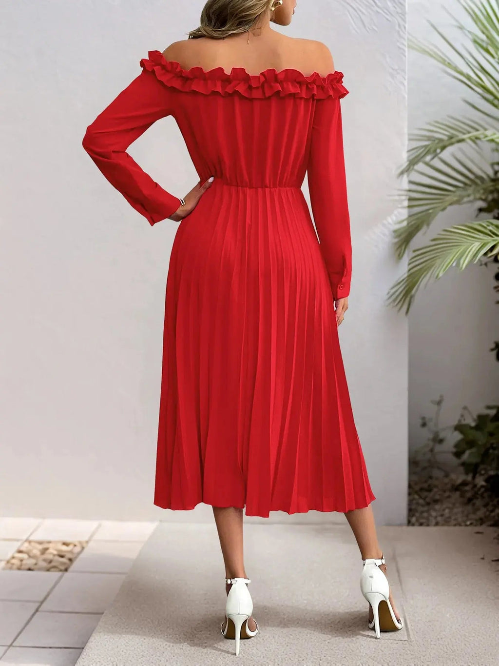 Off-Shoulder Ruffle Pleated Midi Dress - GlossiChic Collection Red / S GlossiChic Collection Dresses