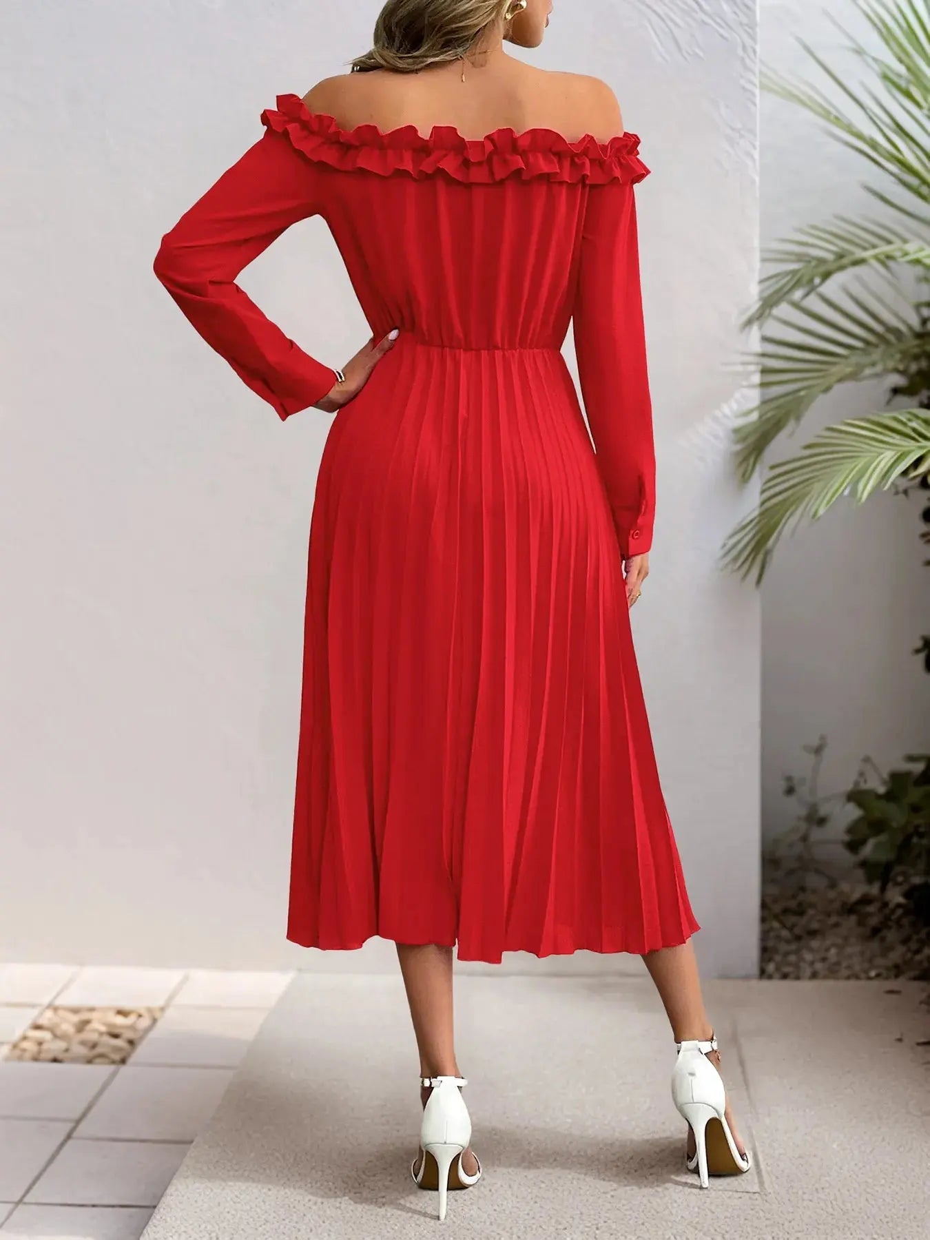 Off-Shoulder Ruffle Pleated Midi Dress - GlossiChic Collection Red / S GlossiChic Collection Dresses