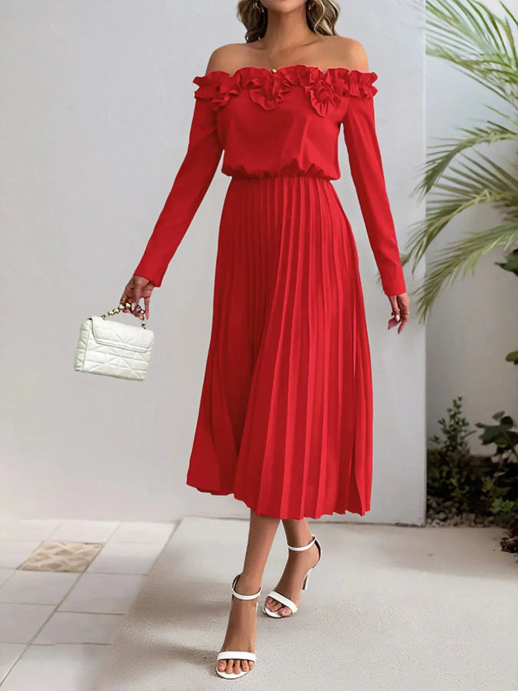 Off-Shoulder Ruffle Pleated Midi Dress - GlossiChic Collection Red / S GlossiChic Collection Dresses