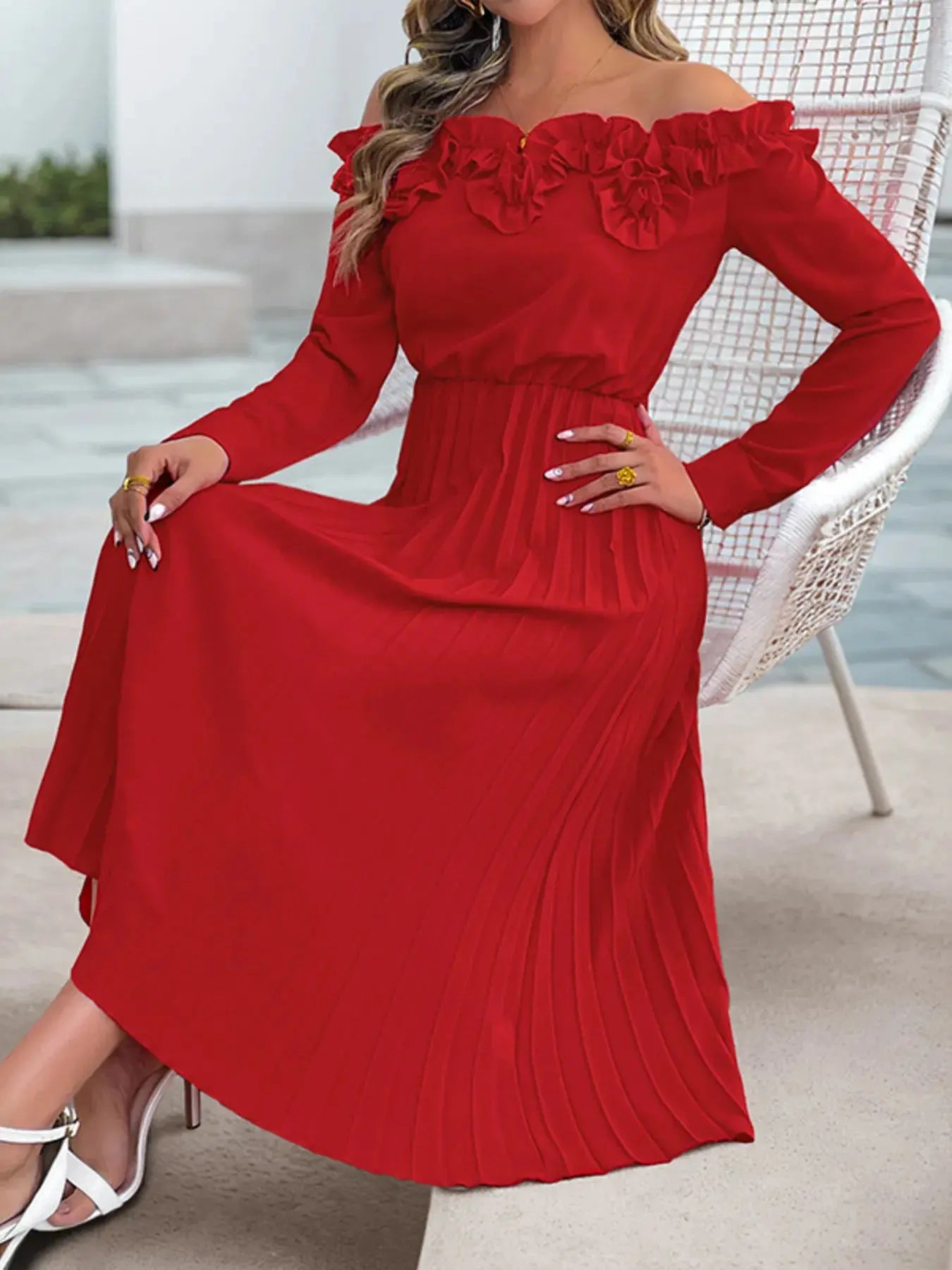 Off-Shoulder Ruffle Pleated Midi Dress - GlossiChic Collection Red / S GlossiChic Collection Dresses