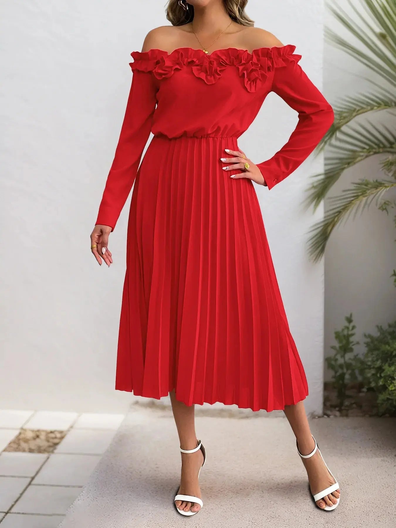 Off-Shoulder Ruffle Pleated Midi Dress - GlossiChic Collection Red / S GlossiChic Collection Dresses