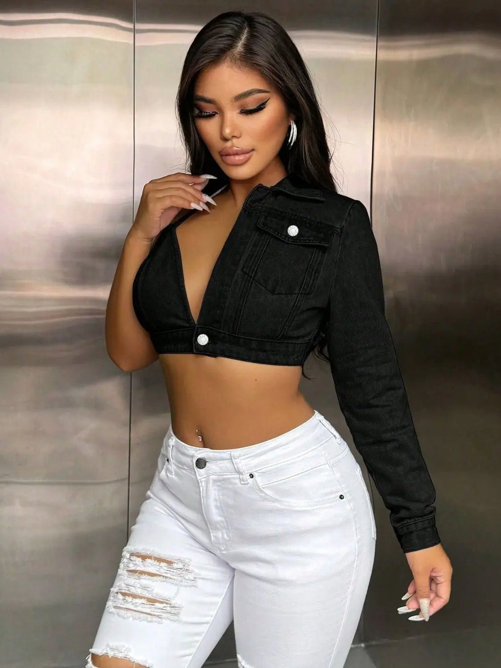 One Shoulder Long Sleeve Cropped Denim Top - GlossiChic Collection Black / 2XL GlossiChic Collection Shirts & Tops
