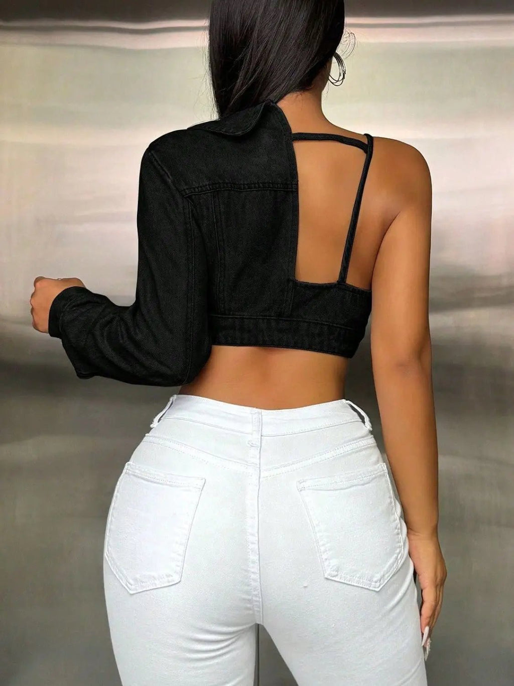 One Shoulder Long Sleeve Cropped Denim Top - GlossiChic Collection Black / 2XL GlossiChic Collection Shirts & Tops