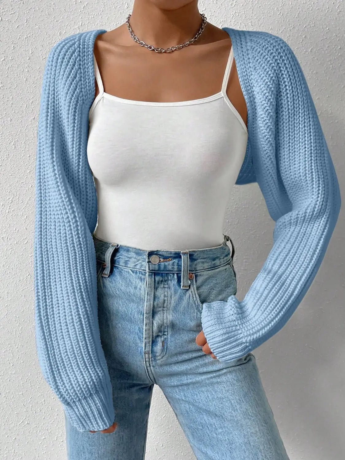 Open Front Long Sleeve Cropped Cardigan - GlossiChic Collection Light Blue / S GlossiChic Collection Blazer & Cardigan
