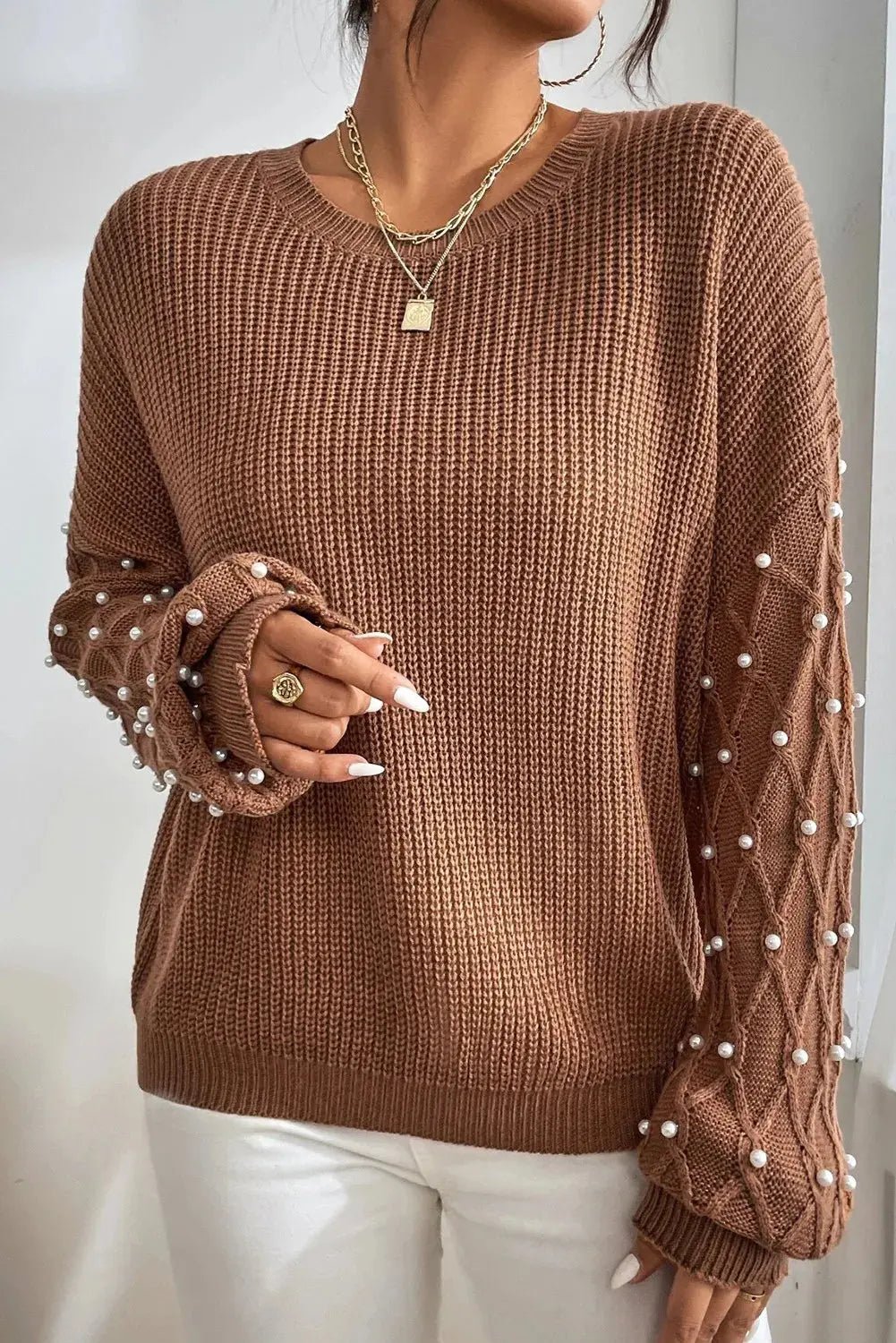 Pearl Detail Round Neck Long Sleeve Sweater - GlossiChic CollectionSweaters