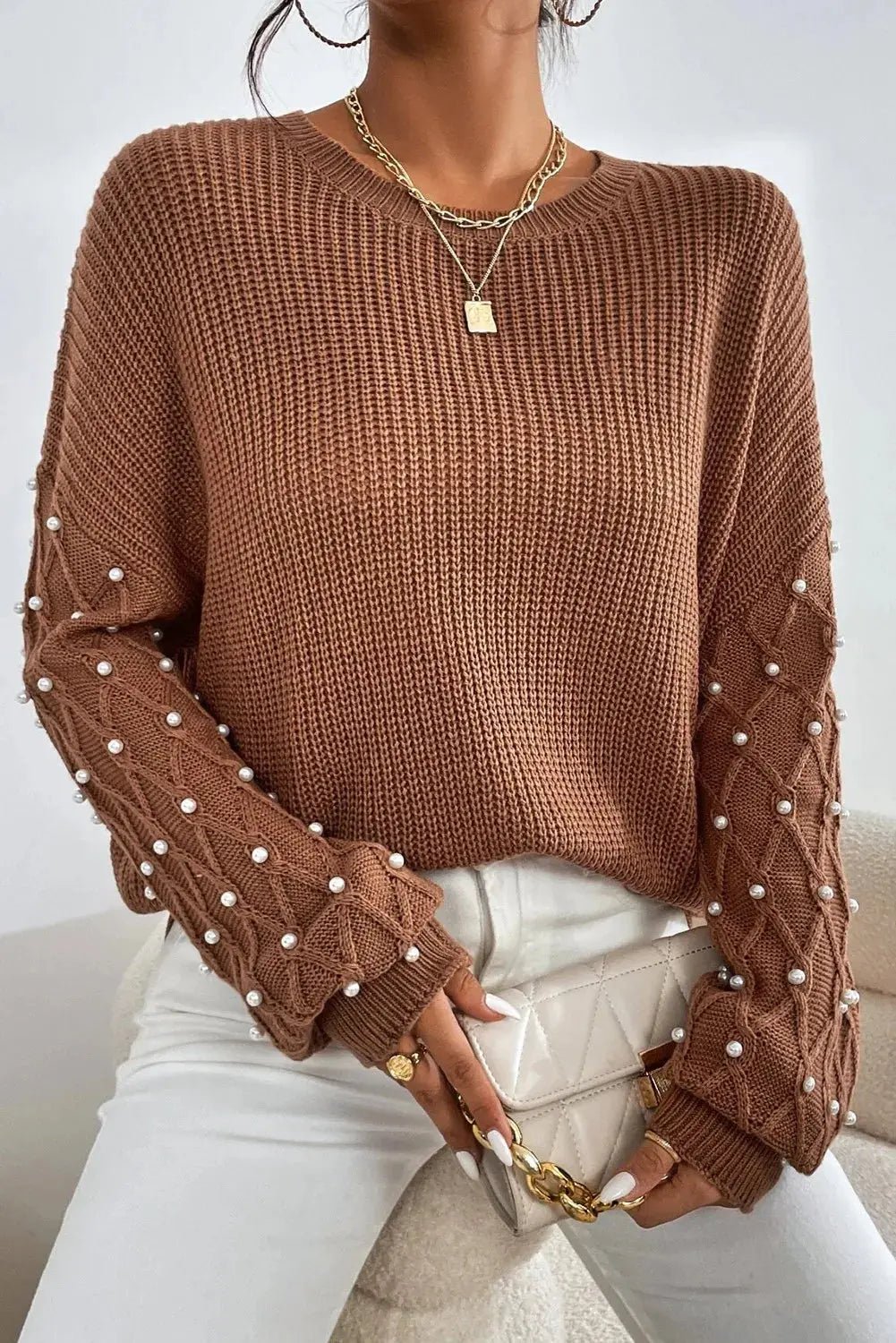Pearl Detail Round Neck Long Sleeve Sweater - GlossiChic CollectionSweaters