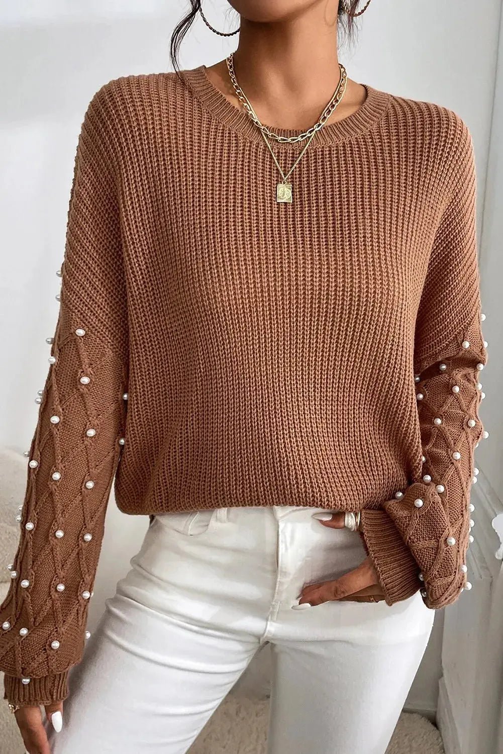 Pearl Detail Round Neck Long Sleeve Sweater - GlossiChic CollectionSweaters