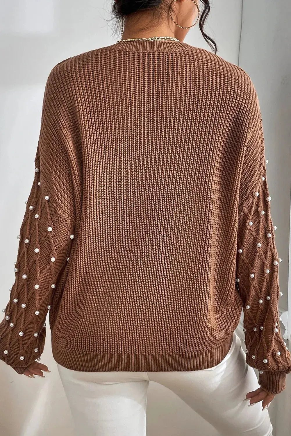 Pearl Detail Round Neck Long Sleeve Sweater - GlossiChic CollectionSweaters