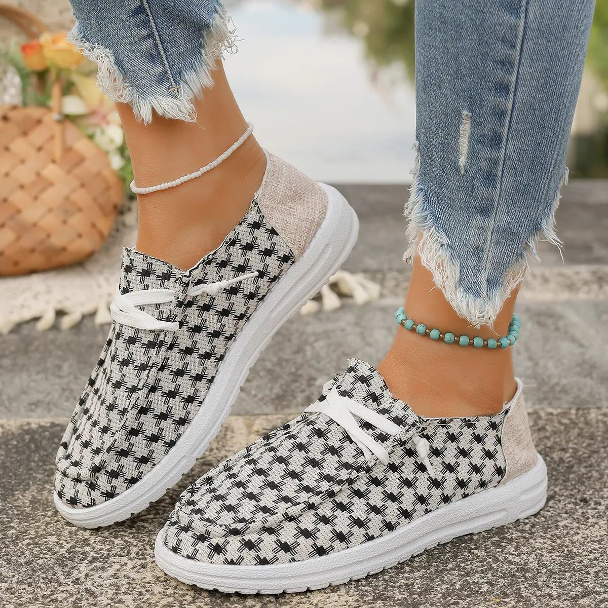 Plaid Round Toe Canvas Slip-Ons - GlossiChic Collection Gray / 36(US5) GlossiChic Collection Shoes