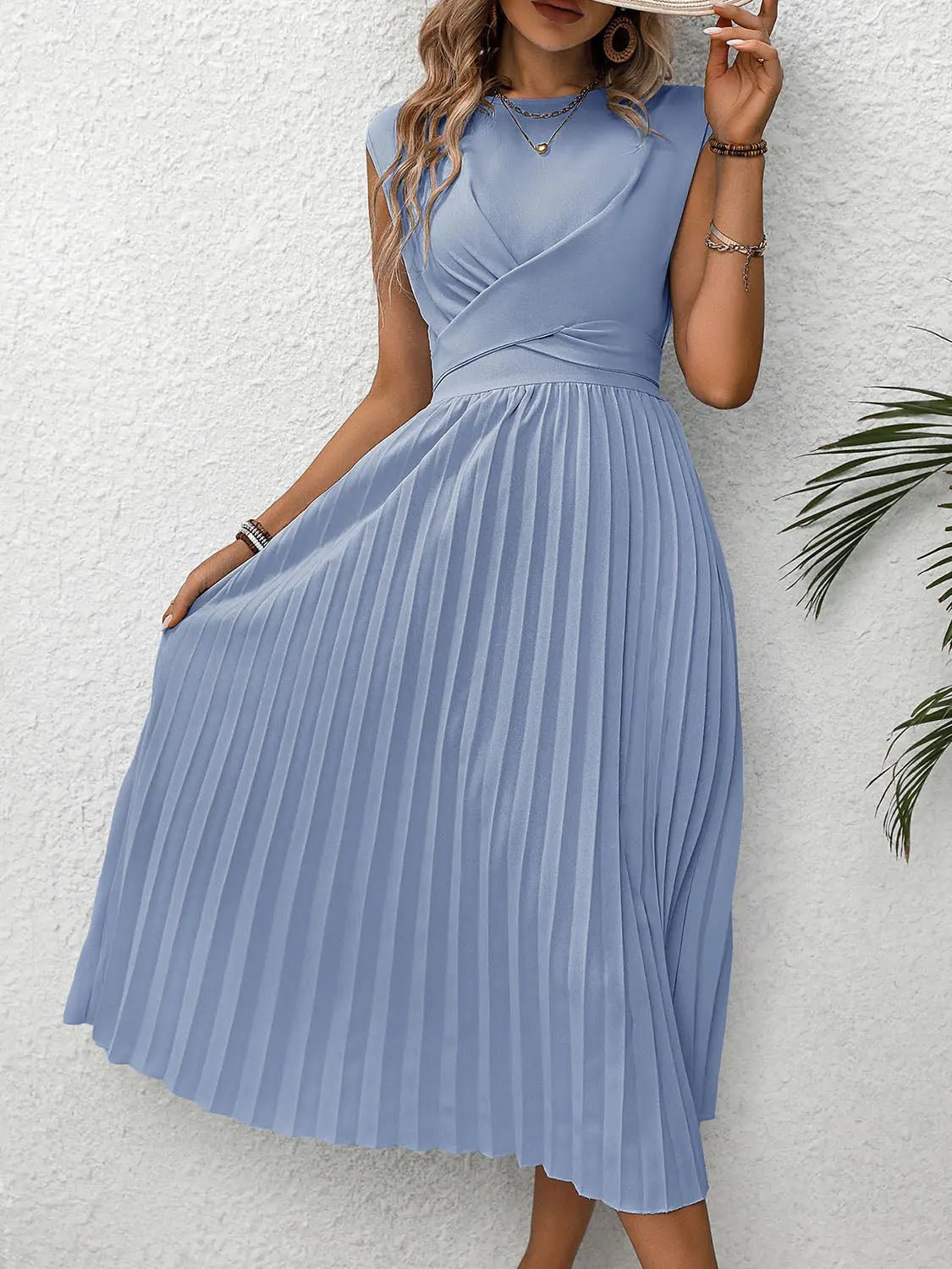 Pleated Round Neck Cap Sleeve Dress - GlossiChic CollectionDresses