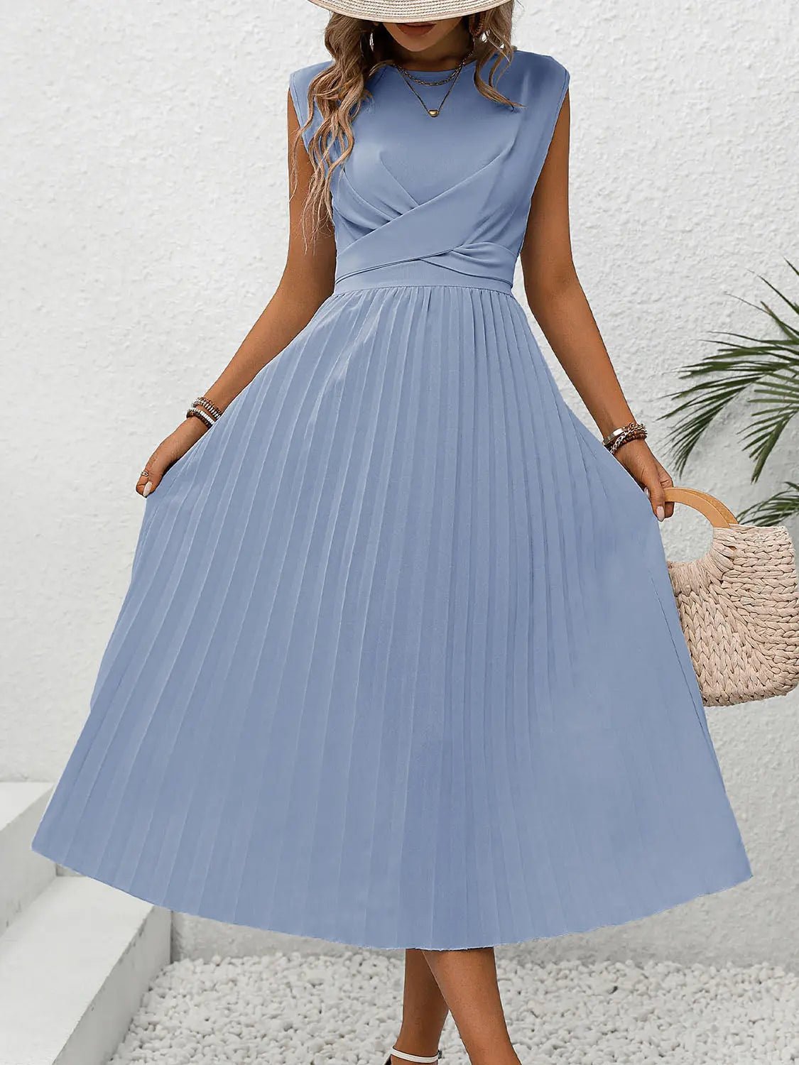 Pleated Round Neck Cap Sleeve Dress - GlossiChic CollectionDresses