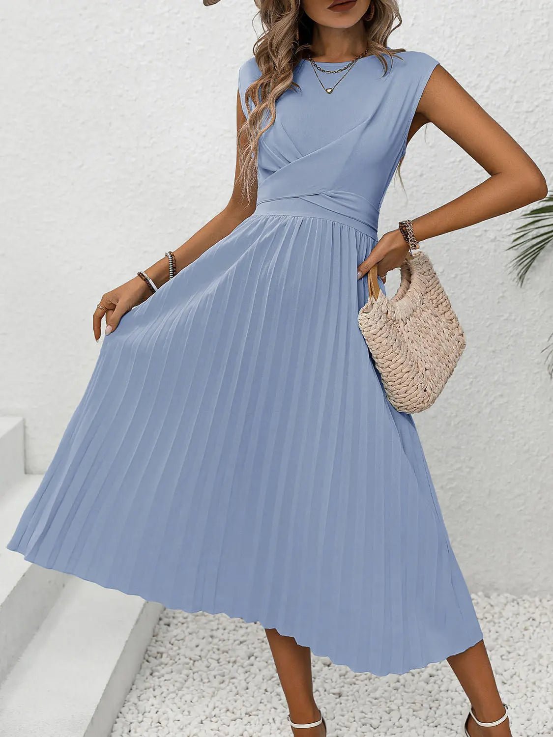 Pleated Round Neck Cap Sleeve Dress - GlossiChic CollectionDresses