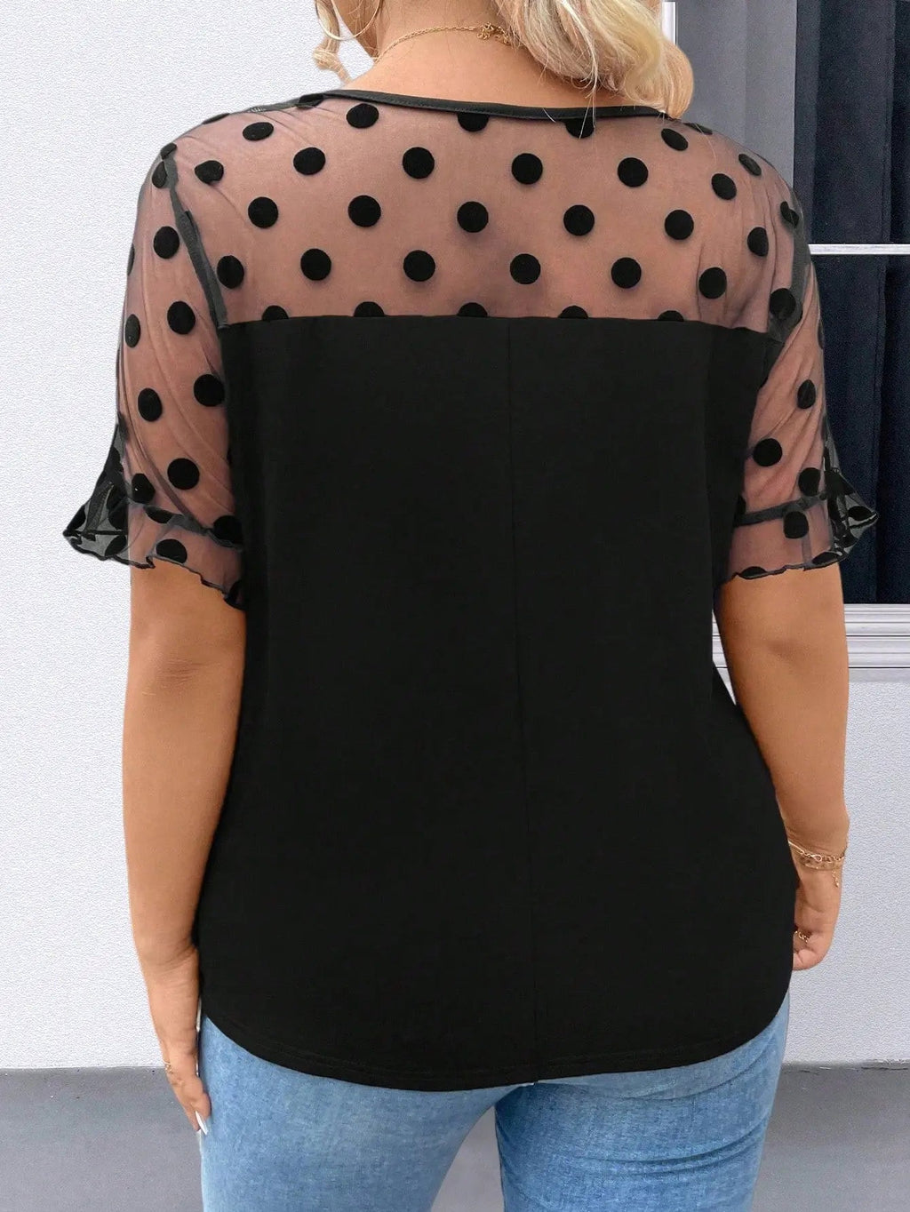 Plus Size Polka Dot Mesh Printed Round Neck Short Sleeve Casual Shirt - GlossiChic Collection Black / 0XL GlossiChic Collection Plus Size T-shirts
