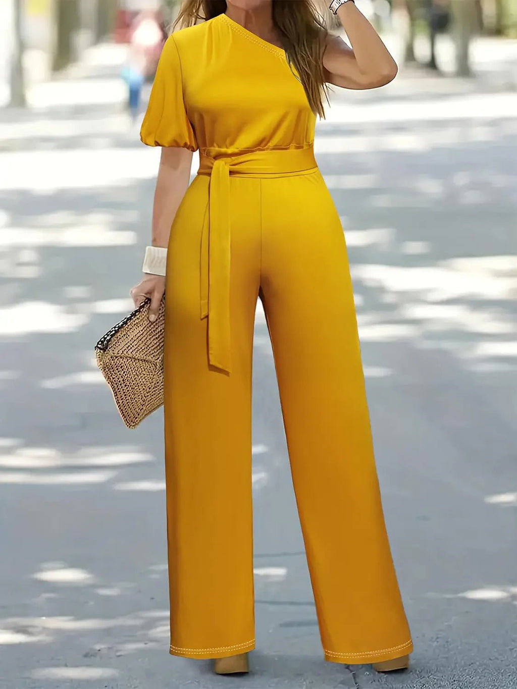 Plus Size Single Shoulder Tie Waist Jumpsuit - GlossiChic CollectionJumpers & Rompers