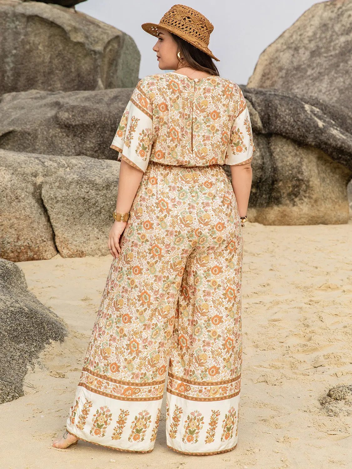 Plus Size V - Neck Flutter Sleeve Wide Leg Jumpsuit - GlossiChic CollectionJumpers & Rompers