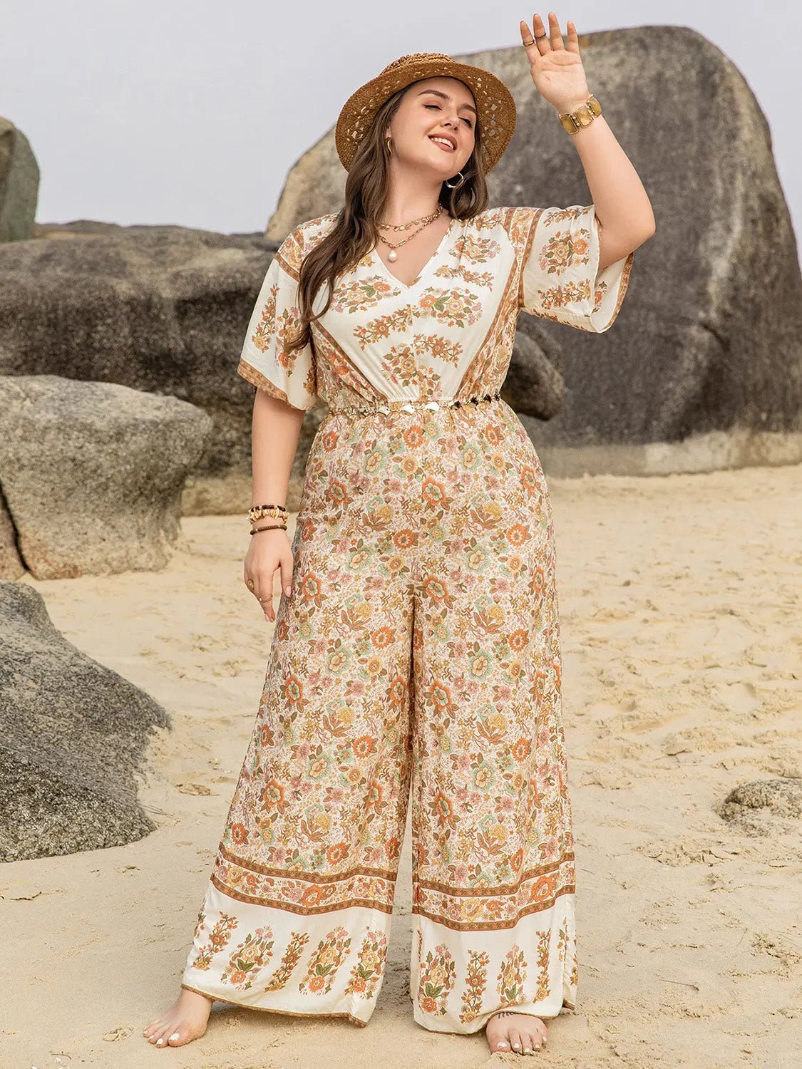 Plus Size V - Neck Flutter Sleeve Wide Leg Jumpsuit - GlossiChic CollectionJumpers & Rompers
