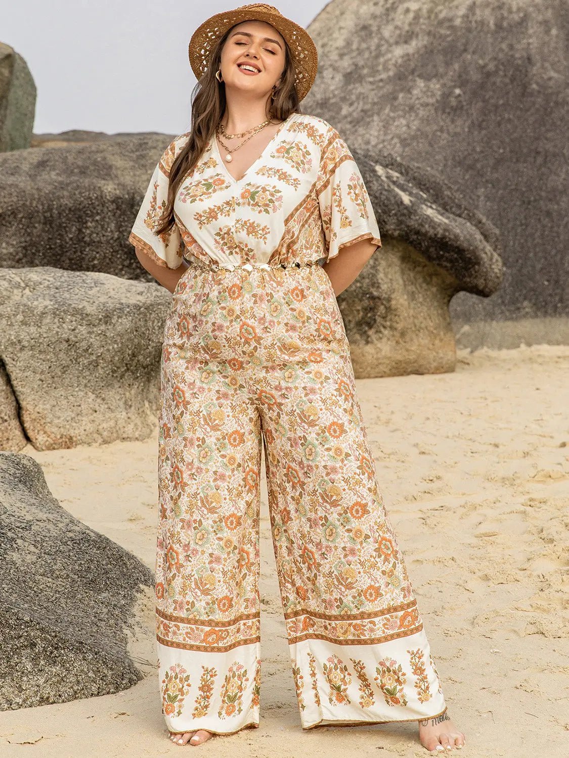 Plus Size V - Neck Flutter Sleeve Wide Leg Jumpsuit - GlossiChic CollectionJumpers & Rompers