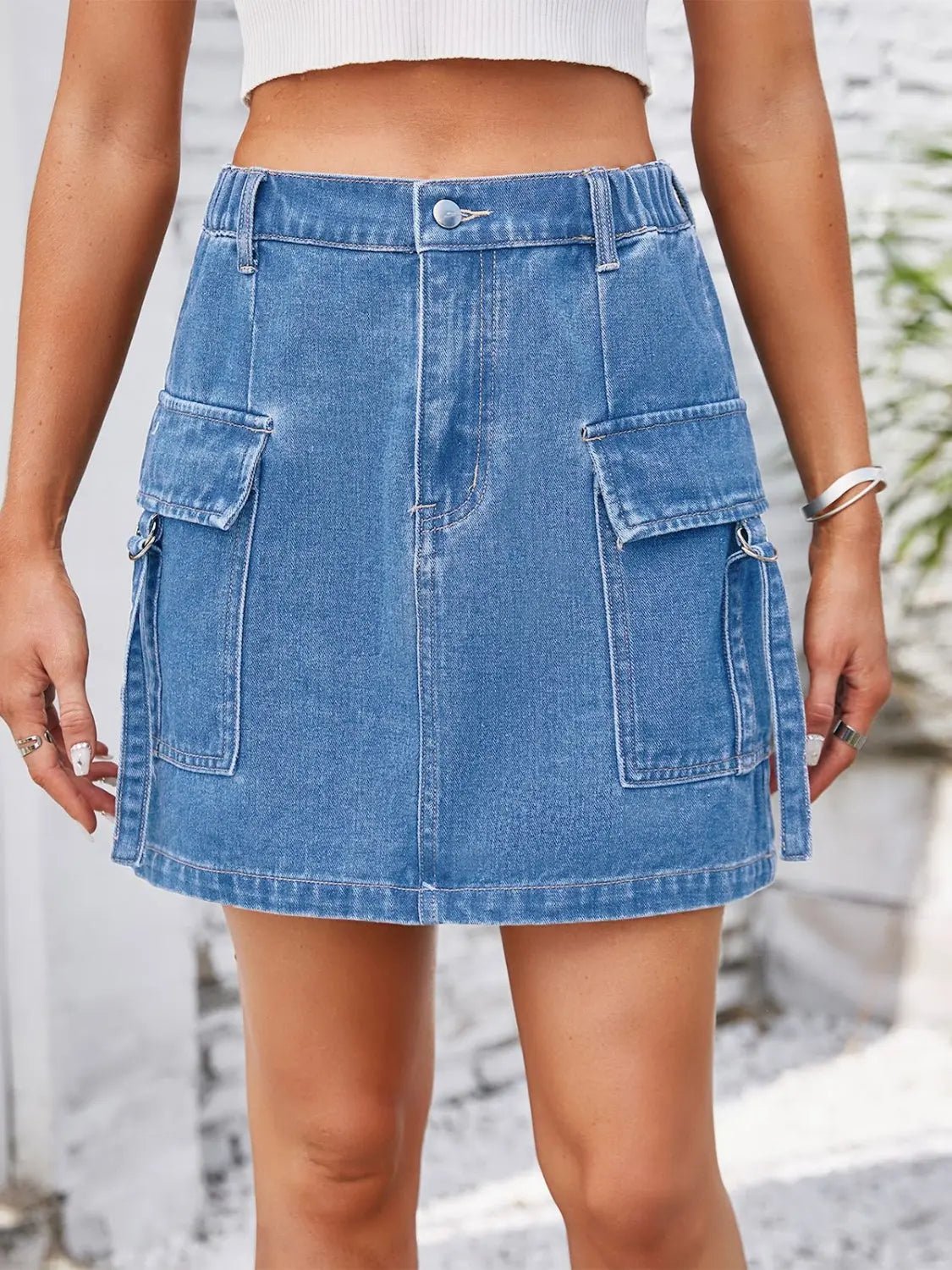 Pocketed Buttoned Denim Skirt - GlossiChic CollectionDresses