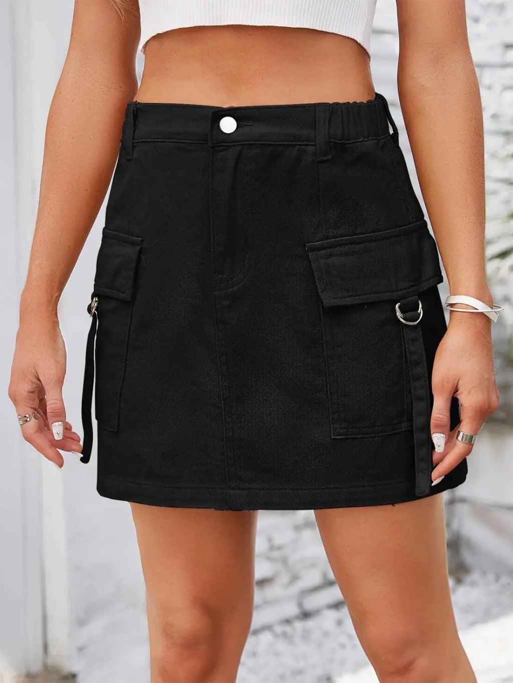 Pocketed Buttoned Denim Skirt - GlossiChic CollectionDresses