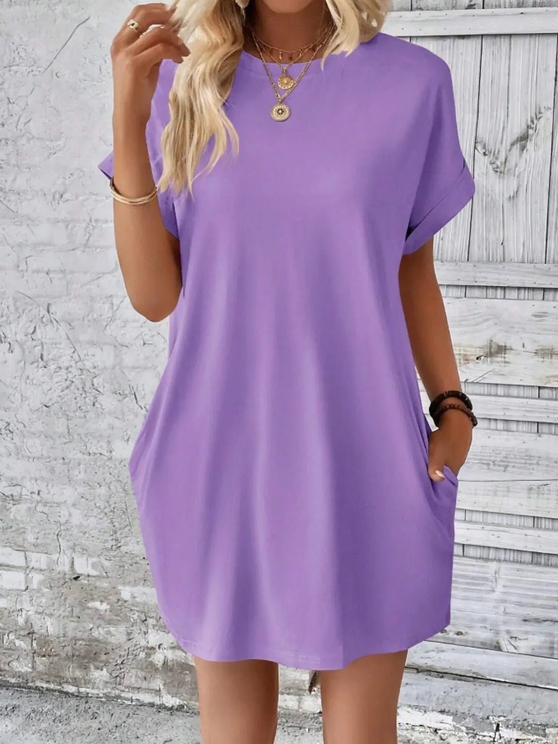 Pocketed Round Neck Short Sleeve Dress - GlossiChic CollectionDresses