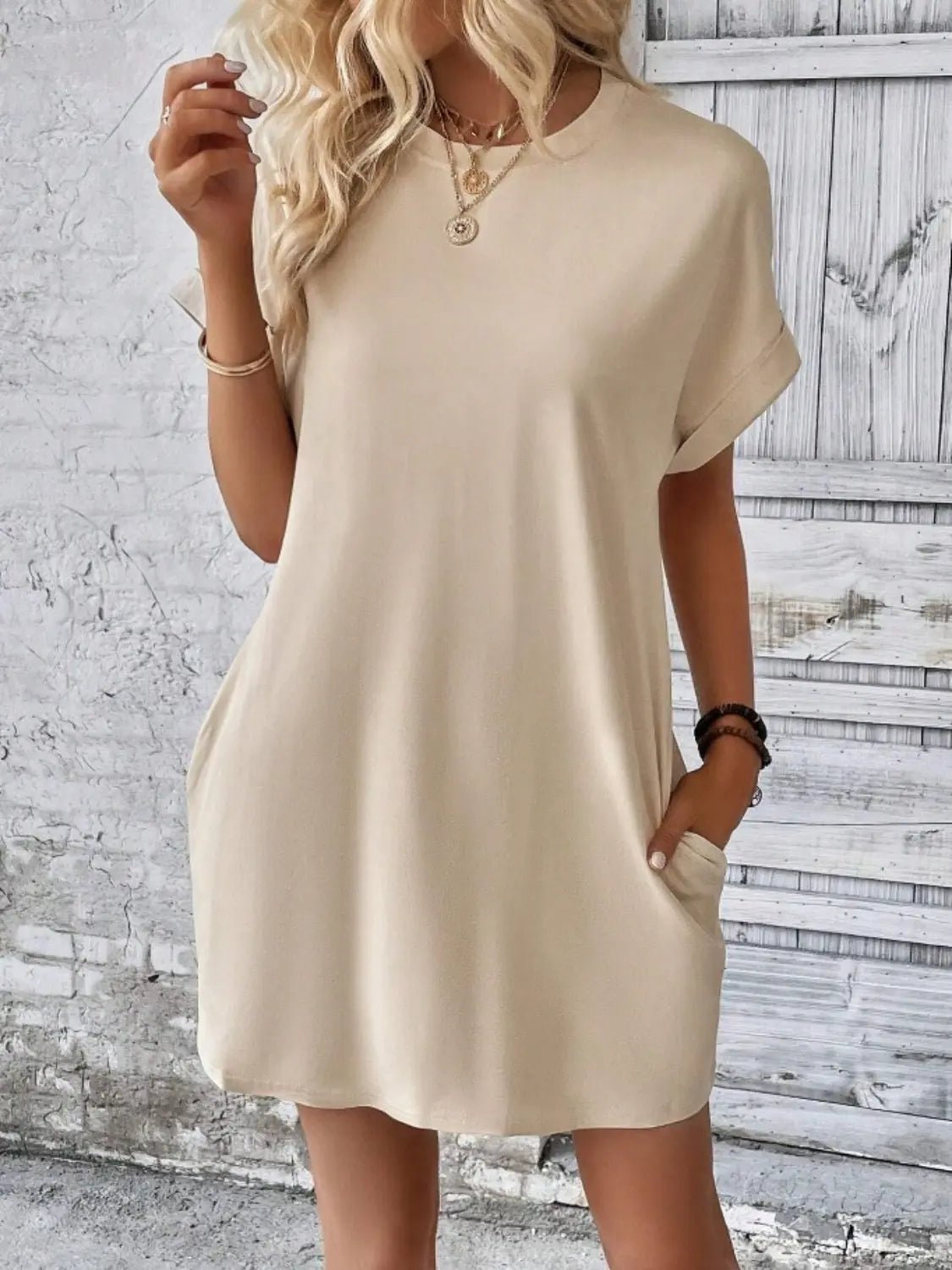 Pocketed Round Neck Short Sleeve Dress - GlossiChic CollectionDresses