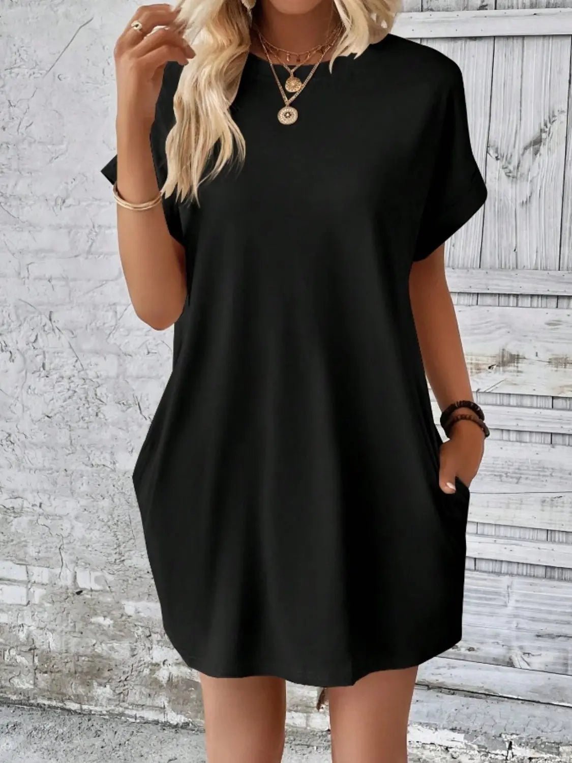 Pocketed Round Neck Short Sleeve Dress - GlossiChic CollectionDresses