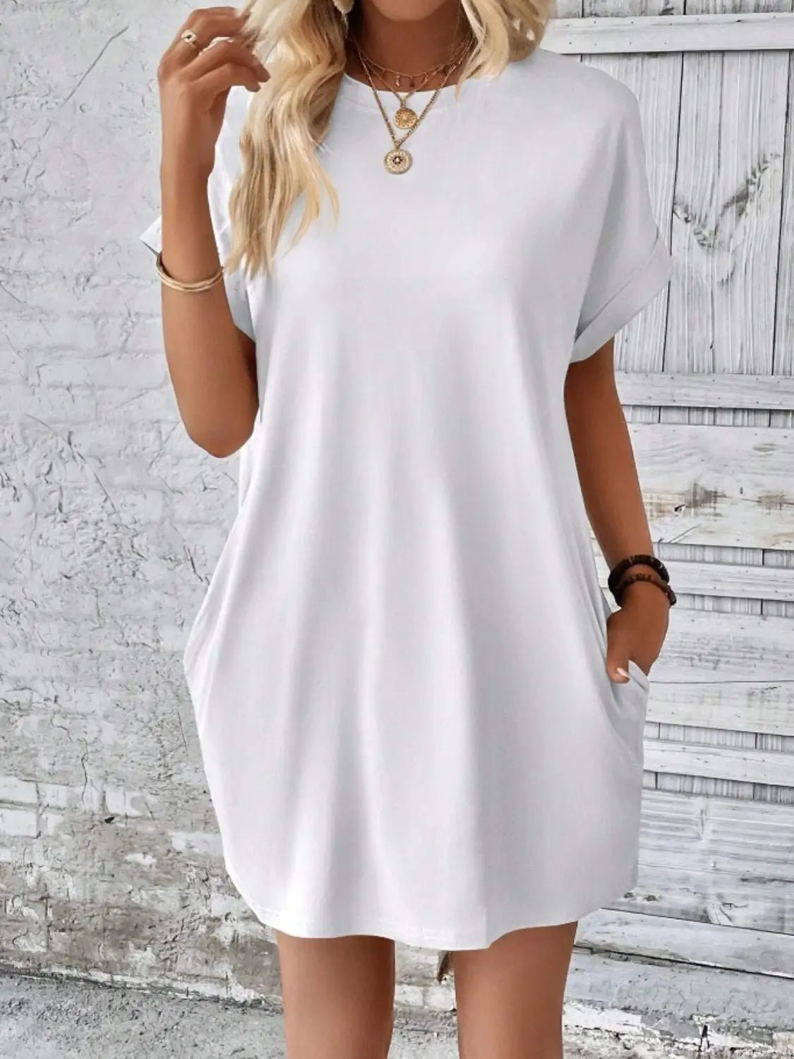 Pocketed Round Neck Short Sleeve Dress - GlossiChic CollectionDresses