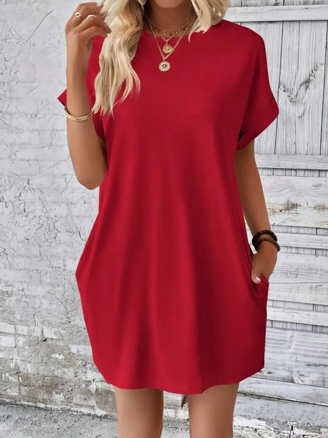 Pocketed Round Neck Short Sleeve Dress - GlossiChic CollectionDresses