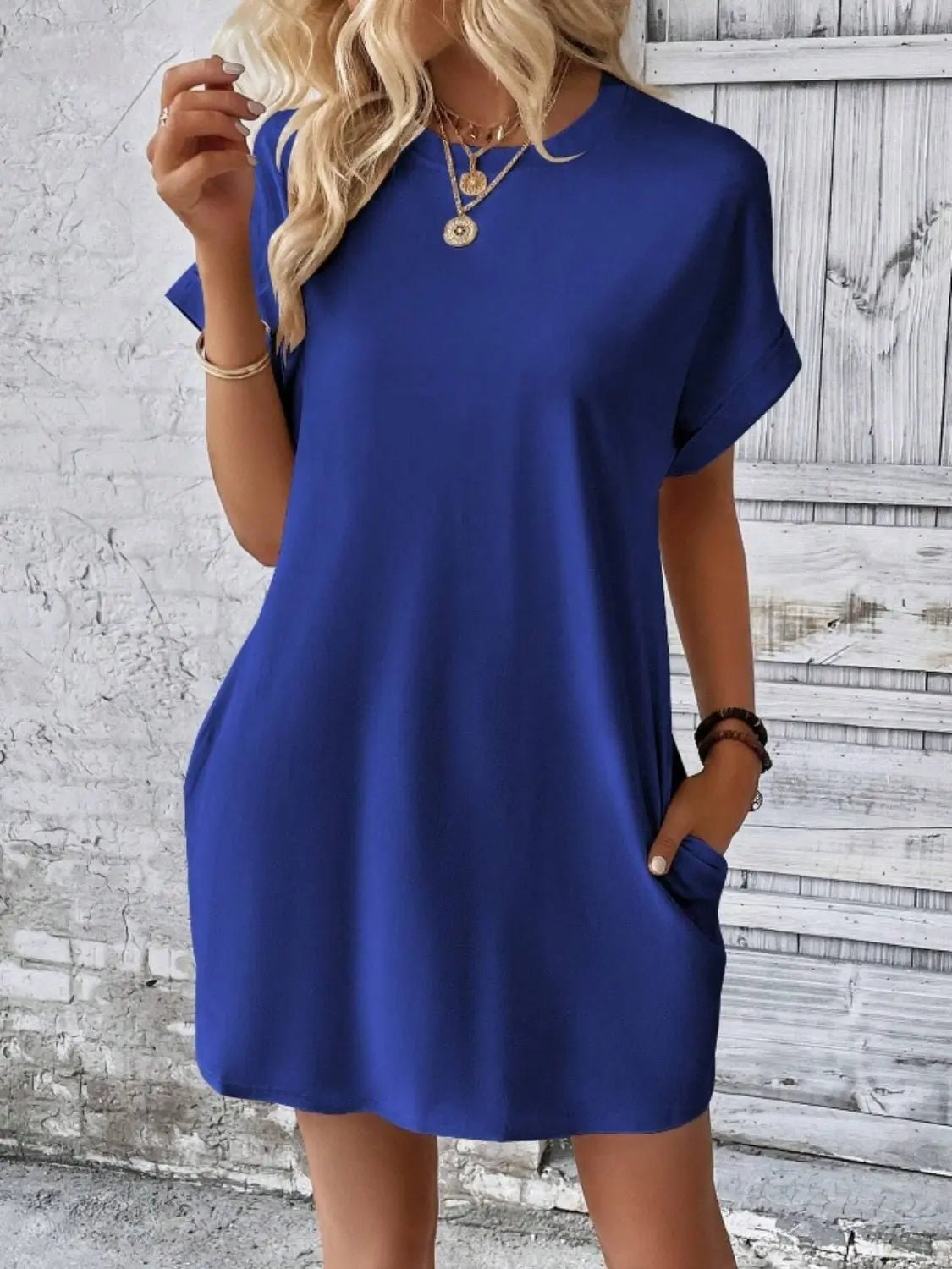 Pocketed Round Neck Short Sleeve Dress - GlossiChic CollectionDresses