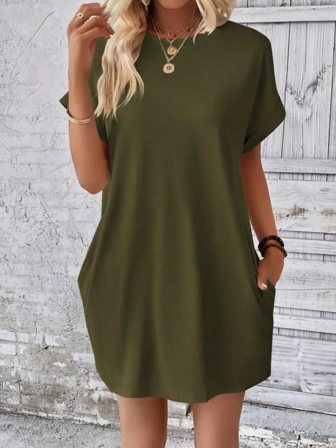 Pocketed Round Neck Short Sleeve Dress - GlossiChic CollectionDresses