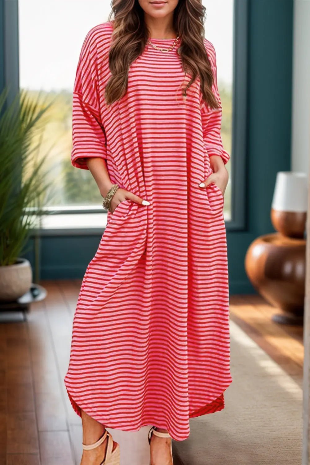 Pocketed Striped Half Sleeve Tee Dress - GlossiChic Collection Strawberry / S GlossiChic Collection Dresses