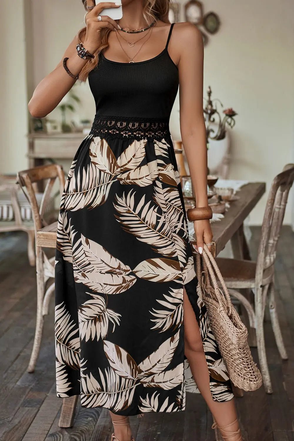 Printed Sleeveless Scoop Neck Slit Dress - GlossiChic CollectionDresses