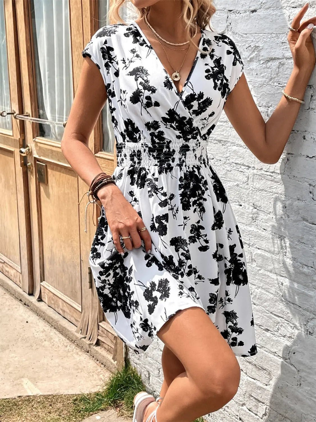 Printed Surplice Cap Sleeve Dress - GlossiChic CollectionDresses