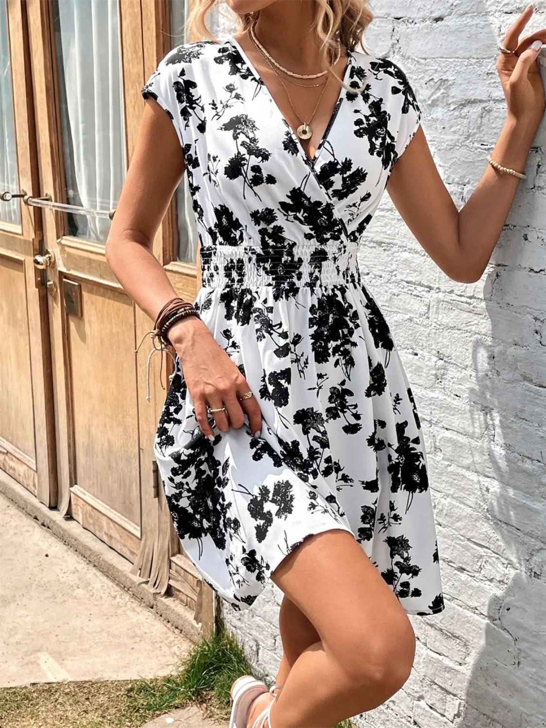 Printed Surplice Cap Sleeve Dress - GlossiChic CollectionDresses