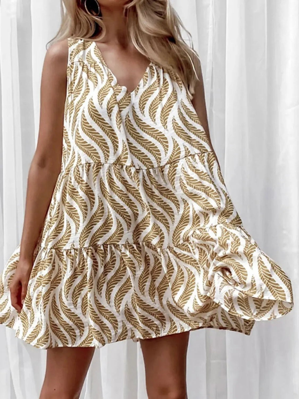 Printed V - Neck Sleeveless Mini Dress - GlossiChic CollectionDresses