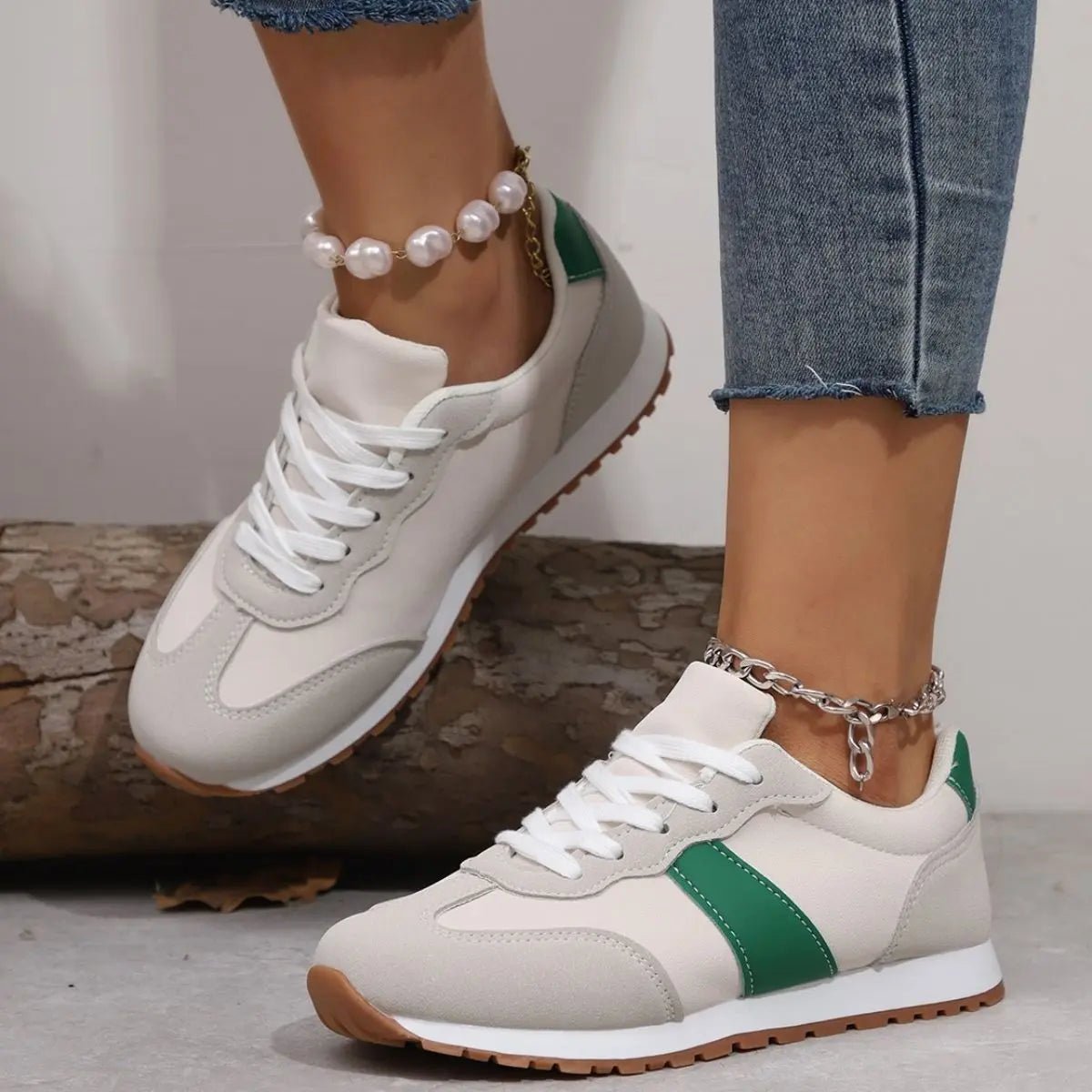 PU Leather Contrast Round Toe Flats Sneakers - GlossiChic Collection Beige / 37(US6) GlossiChic Collection Shoes