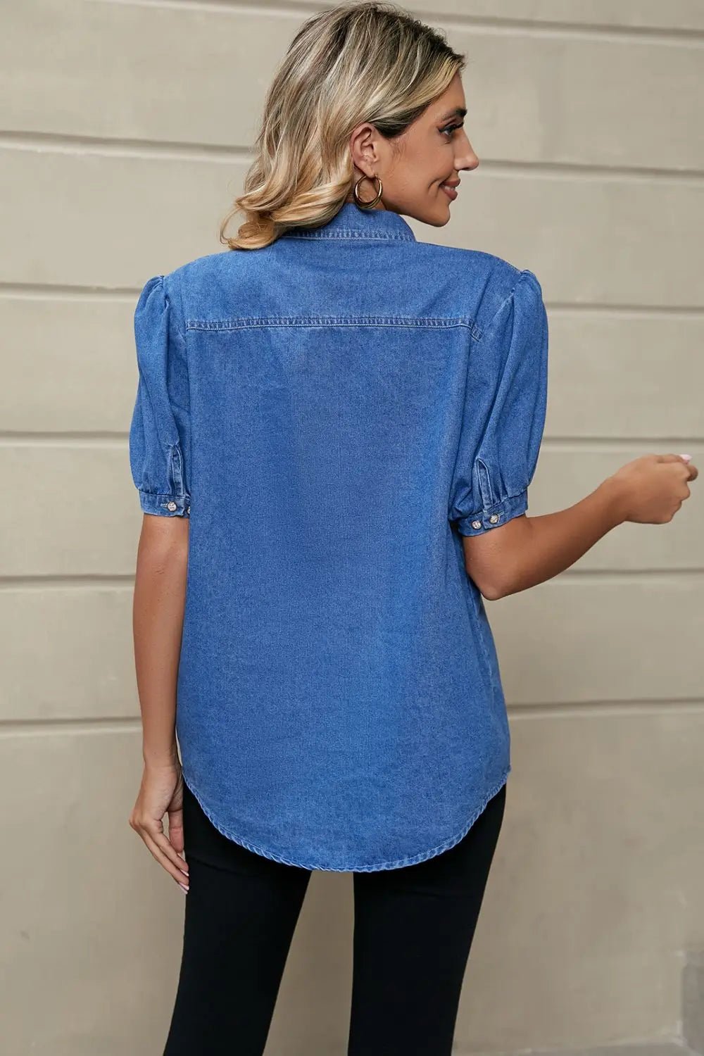 Puff Sleeve Collared Denim Top - GlossiChic CollectionShirts & Tops