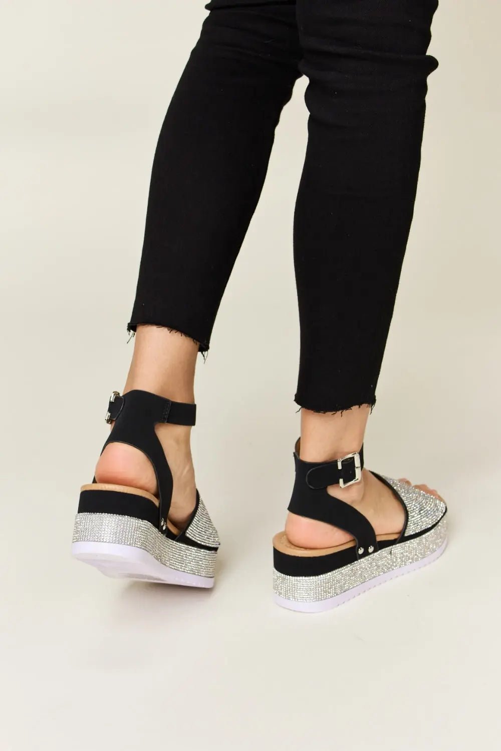 Rhinestone Buckle Strappy Wedge Sandals - GlossiChic CollectionShoes & Accessories